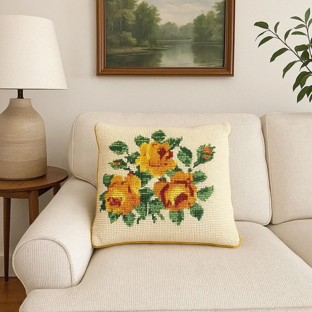 Vintage Needlepoint Pillow – 17”x17”